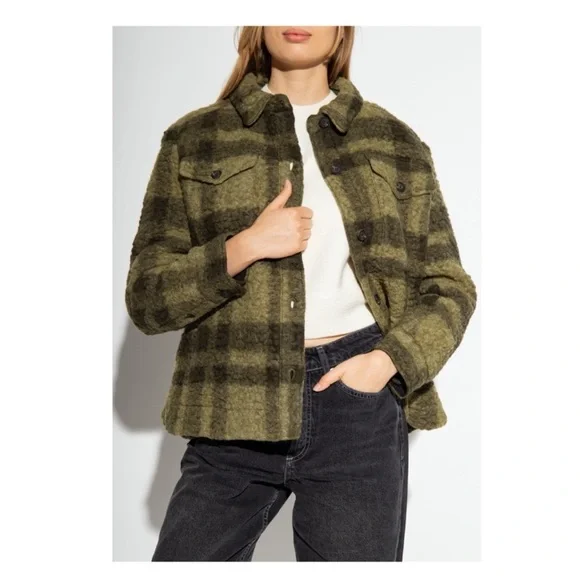 New!  ALL SAINTS Rosey Check Khaki Green Plaid Wool Blend Overshirt Jacket - Picture 3 of 10